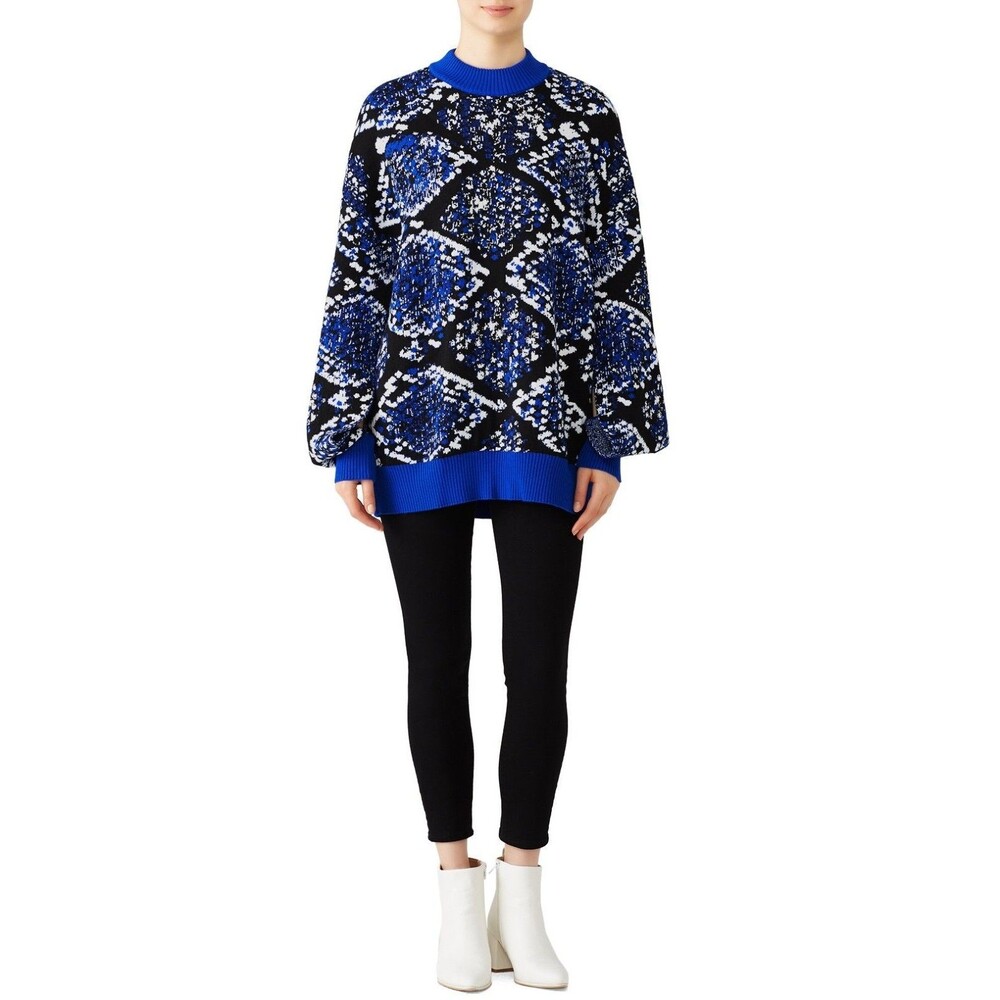 MSGM Milano Blue Black Diamond Print Snakeskin Wool Blend Mock Neck Sweater Sz S